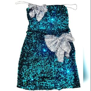 NWT Silver Bow Aqua Sequin Mini Skirt
